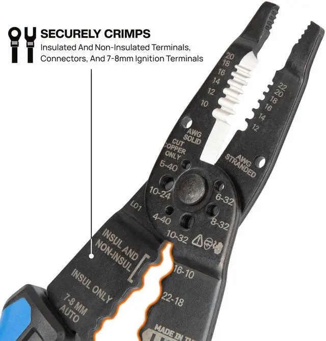 Alt view image 4 of 5 - 1025 Long Nose Multi-Purpose Wire Stripper, Made in USA Professional Electrician Tools, Crimping Tool, Cable Stripper for 10-20 AWG Solid, 12-22 AWG Stranded Wire