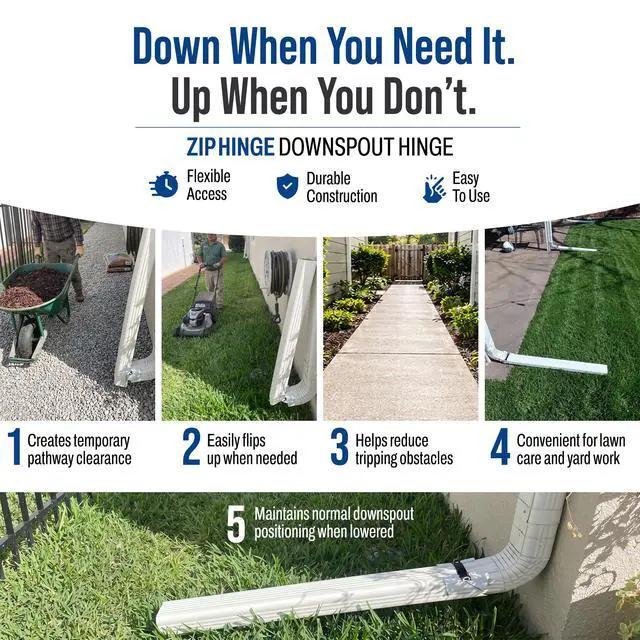 Alt view image 4 of 7 - Downspout Gutter Hinge, Flip-Up Extension Hinge, 3 Pack, White | Fits square & rectangular downspouts Made in USA Easy DIY install Simplifies lawn mowing