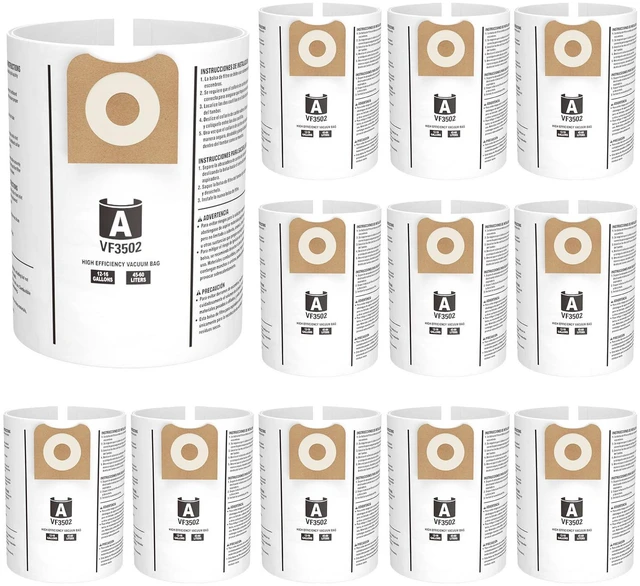 Main image of 12 Pack 23743 VF3502 Vacuum Bags for Ridgid 12 to 16 Gallon Wet Dry Vacuums High Efficiency Replacement Filter Bags for Model WD1950 WD1956 WD1850 WD1851 RV2400HF WD1450 WD1680 WD1270