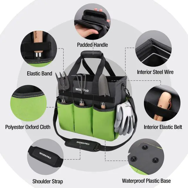 Alt view image 3 of 7 - Garden Tool Bag, 10 Pockets and Shoulder Strap, Green | Heavy Duty Gardening Organizer Tote Bag, Standable Garden Tool Organizer (Tools not Included)