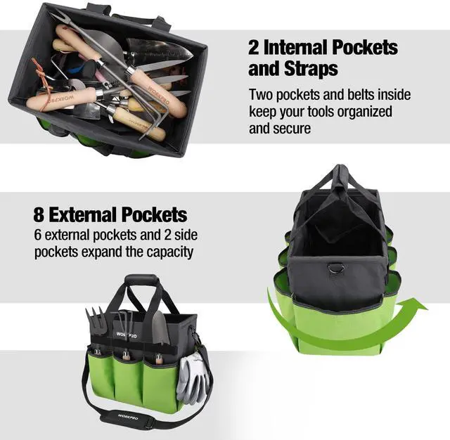 Alt view image 4 of 7 - Garden Tool Bag, 10 Pockets and Shoulder Strap, Green | Heavy Duty Gardening Organizer Tote Bag, Standable Garden Tool Organizer (Tools not Included)