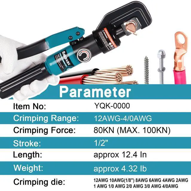 Alt view image 5 of 6 - Hydraulic Battery Cable Crimper 12AWG-4/0AWG 11 US Hex Dies Lugs Kit | Electricians Copper Aluminum Lugs Strong Hex Crimps Electrical Solar RV Marine Automotive Battery Cable Terminal Connections