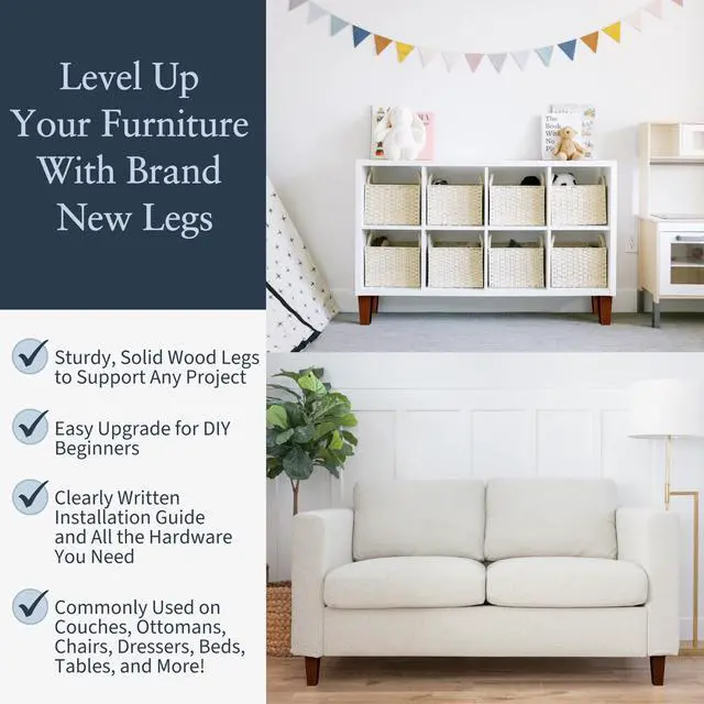 Alt view image 2 of 7 - Premium Walnut Square Furniture Legs (Full Install Kit) - Pick Your Size and Color