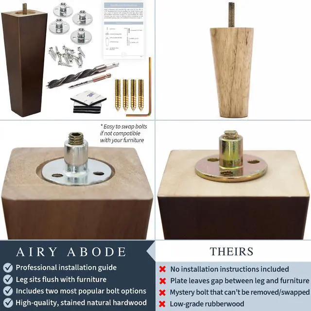 Alt view image 3 of 7 - Premium Walnut Square Furniture Legs (Full Install Kit) - Pick Your Size and Color