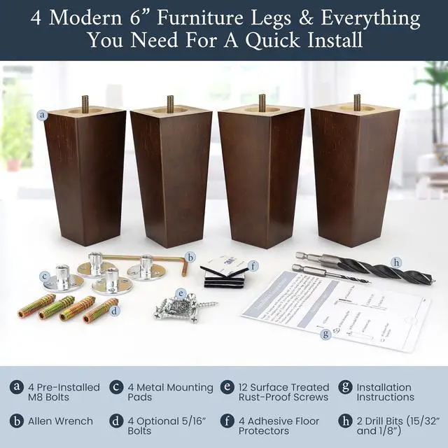 Alt view image 6 of 7 - Premium Walnut Square Furniture Legs (Full Install Kit) - Pick Your Size and Color