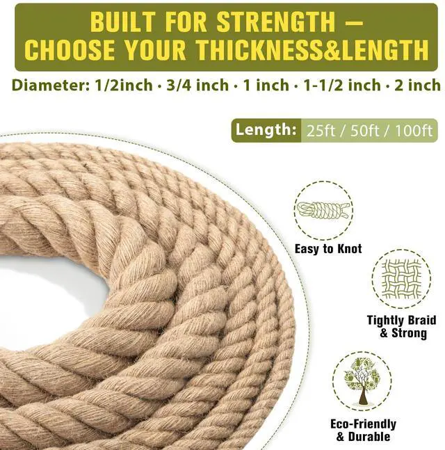 Alt view image 2 of 7 - Jute Rope Heavy Duty - 1inch 50ft Thick Natural Twisted Manila Hemp Ropes Indoor and Outdoor Decorative Kits for Crafts Porch Swing Nautical Tug of War Deer Hunting Landscaping