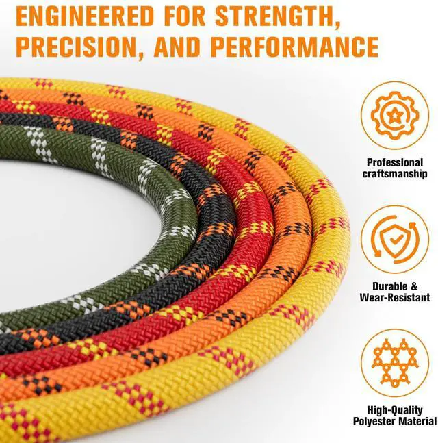 Alt view image 4 of 6 - Double Braided Arborist Rigging Rope - 3/8 in X 100 ft 48 Strands Rappelling Outdoor Pulling Heavy Duty Polyester Bull Rope for Swing Tree Work Camping Rescue Hiking - Orange