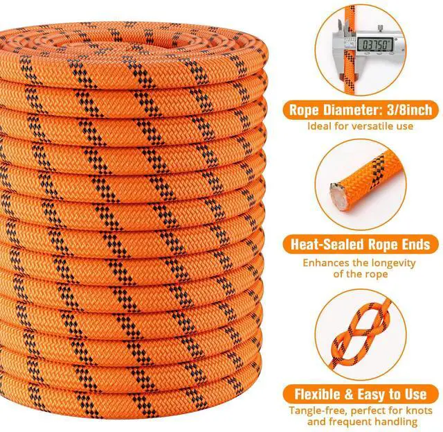 Alt view image 5 of 6 - Double Braided Arborist Rigging Rope - 3/8 in X 100 ft 48 Strands Rappelling Outdoor Pulling Heavy Duty Polyester Bull Rope for Swing Tree Work Camping Rescue Hiking - Orange