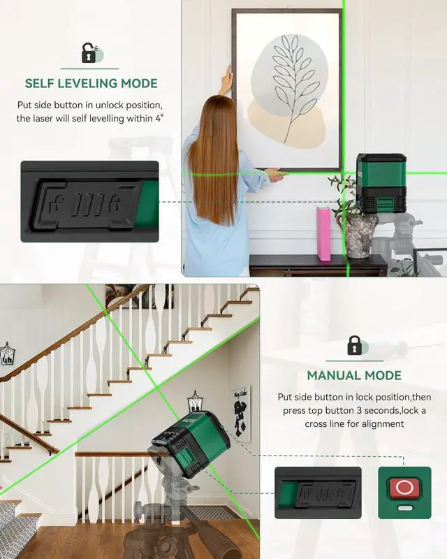 Alt view image 2 of 7 - Laser Level, Self-leveling Green Line Laser With Horizontal and Vertical Lines for Construction and Picture Hanging, Battery Included
