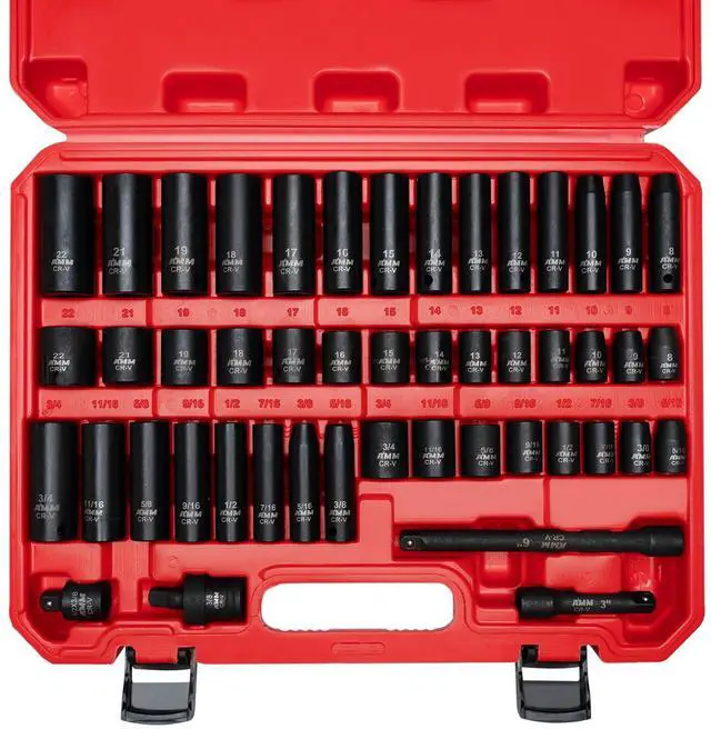Main image of 3/8" Drive Impact Socket Set, 48-Piece Standard SAE (5/16 to 3/4 inch) and Metric (8-22mm) Size, 3" and 6" Drive Extension Bar, Impact Universal Joint, 3/8" to 1/2" Impact Adaptor, CR-V
