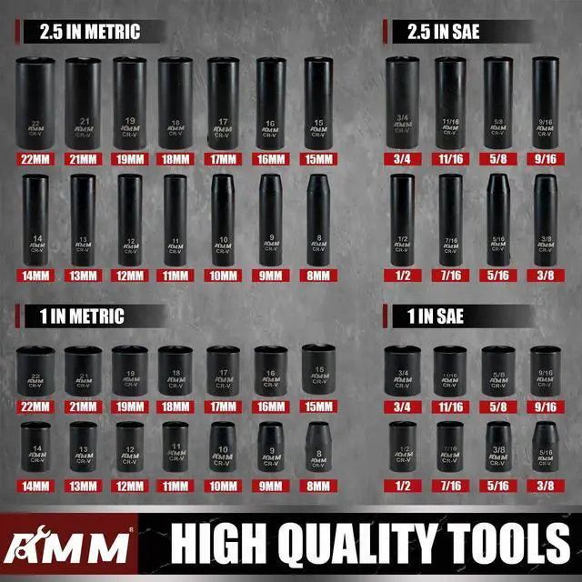 Alt view image 2 of 7 - 3/8" Drive Impact Socket Set, 48-Piece Standard SAE (5/16 to 3/4 inch) and Metric (8-22mm) Size, 3" and 6" Drive Extension Bar, Impact Universal Joint, 3/8" to 1/2" Impact Adaptor, CR-V