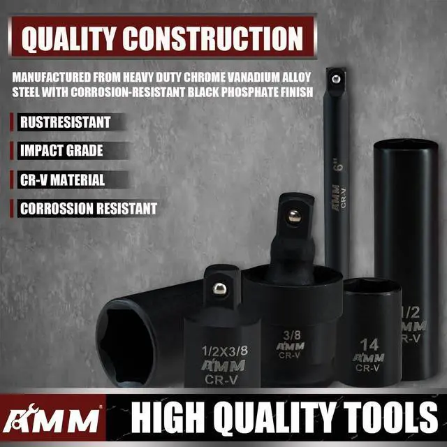 Alt view image 3 of 7 - 3/8" Drive Impact Socket Set, 48-Piece Standard SAE (5/16 to 3/4 inch) and Metric (8-22mm) Size, 3" and 6" Drive Extension Bar, Impact Universal Joint, 3/8" to 1/2" Impact Adaptor, CR-V