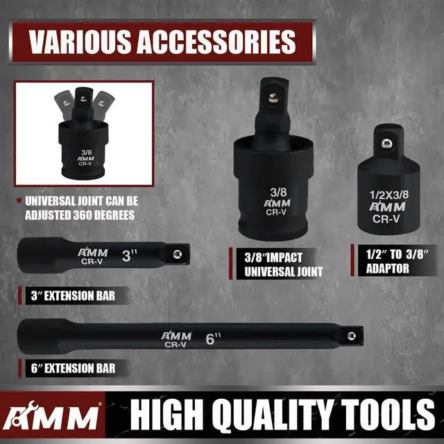 Alt view image 4 of 7 - 3/8" Drive Impact Socket Set, 48-Piece Standard SAE (5/16 to 3/4 inch) and Metric (8-22mm) Size, 3" and 6" Drive Extension Bar, Impact Universal Joint, 3/8" to 1/2" Impact Adaptor, CR-V