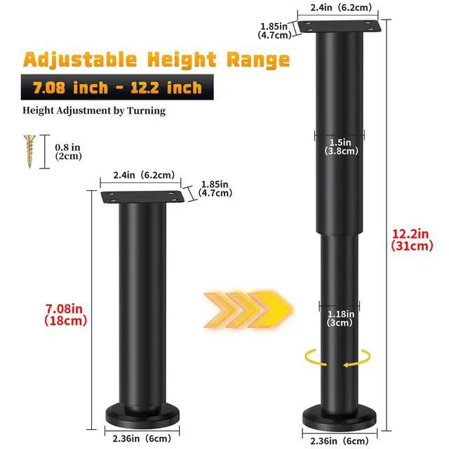 Alt view image 2 of 7 - 6 Pcs Adjustable Height Bed Support Legs for Bed Frame/Bed Center Slat, Metal Adjustable Furniture Legs 7.08-12.2 inch for Bed/Sofa/Cabinet/Couch/Dresser/Table, Heavy Bed Legs Replacement