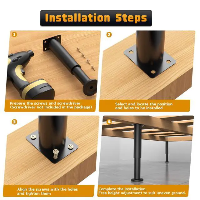 Alt view image 3 of 7 - 6 Pcs Adjustable Height Bed Support Legs for Bed Frame/Bed Center Slat, Metal Adjustable Furniture Legs 7.08-12.2 inch for Bed/Sofa/Cabinet/Couch/Dresser/Table, Heavy Bed Legs Replacement