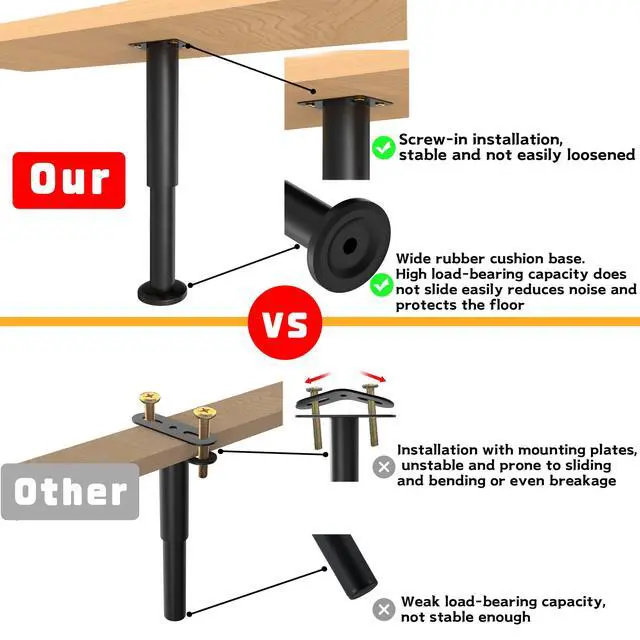 Alt view image 4 of 7 - 6 Pcs Adjustable Height Bed Support Legs for Bed Frame/Bed Center Slat, Metal Adjustable Furniture Legs 7.08-12.2 inch for Bed/Sofa/Cabinet/Couch/Dresser/Table, Heavy Bed Legs Replacement