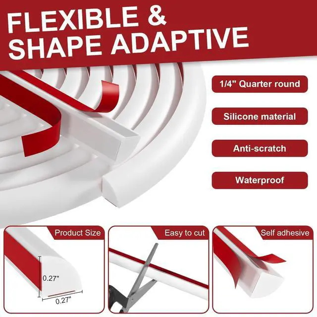 Alt view image 3 of 7 - 1/4 in x 10 ft Peel and Stick Quarter Round Molding, White | Ultra-slim silicone rubber trim for narrow seams on countertops, windows, desks, cabinets, and furniture edges