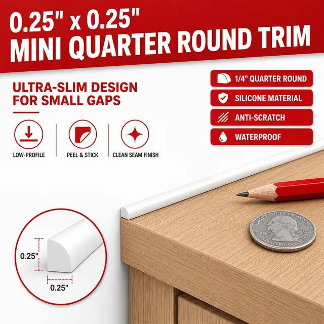 Alt view image 2 of 7 - 1/4 in x 10 ft Peel and Stick Quarter Round Molding, White | Ultra-slim silicone rubber trim for narrow seams on countertops, windows, desks, cabinets, and furniture edges