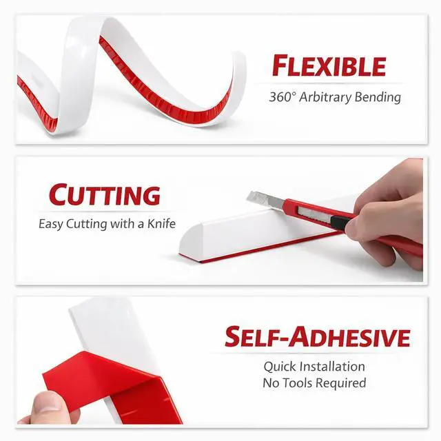 Alt view image 4 of 7 - 1/4 in x 10 ft Peel and Stick Quarter Round Molding, White | Ultra-slim silicone rubber trim for narrow seams on countertops, windows, desks, cabinets, and furniture edges