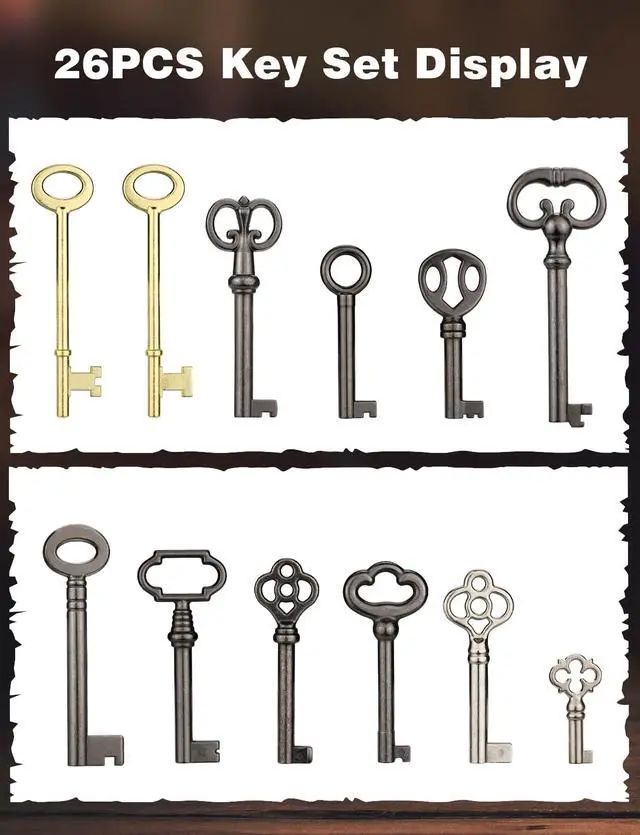 Alt view image 7 of 7 - Skeleton Key Set for Old Doors Antique Furniture Universal 26-Pack | Universal hollow barrel skeleton keys; For vintage furniture/jewelry boxes/curio cabinets & locks