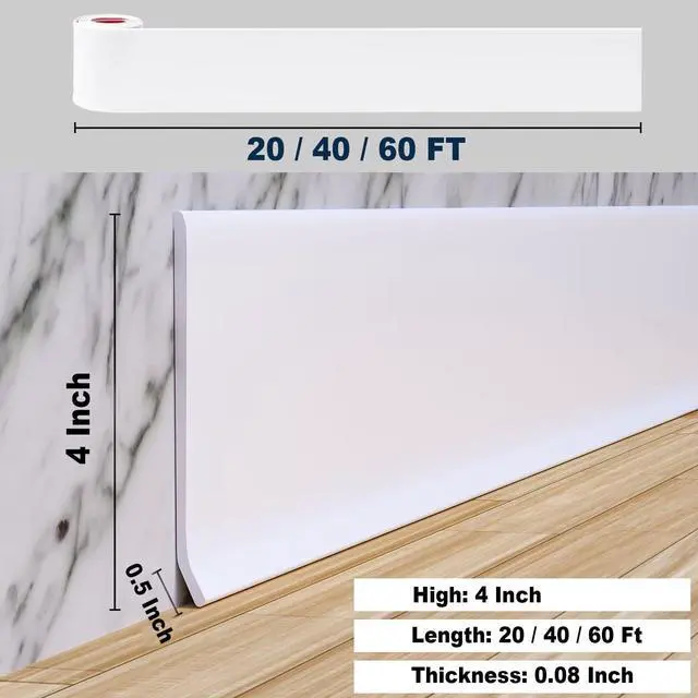 Alt view image 2 of 7 - Flexible Baseboard Molding Trim, 4 Inch(W) x 20 Feet(L) Peel and Stick Rubber Wall Trim Molding, Self-Adhesive Vinyl Wall Base Cove Base