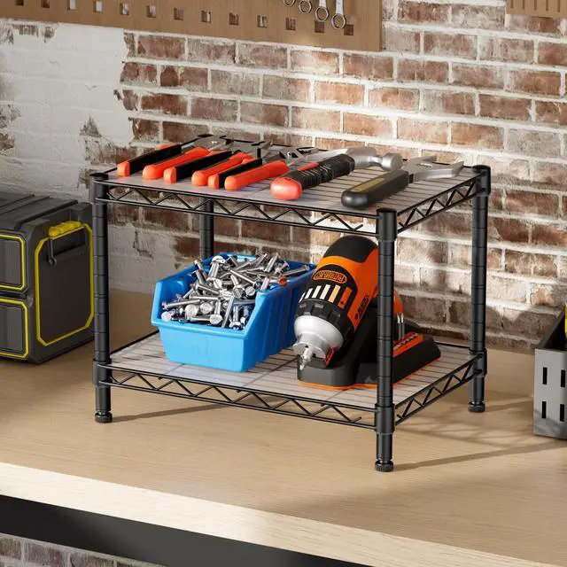 Alt view image 2 of 7 - Small Wire 2 Shelves Pantry Metal Shelf Floor Organizer Under Desk | Armoire Adjustable Floor Kitchen Narrow Organizer Rack Shelving Short Square Stackable Standing Storage Tier Under Unit