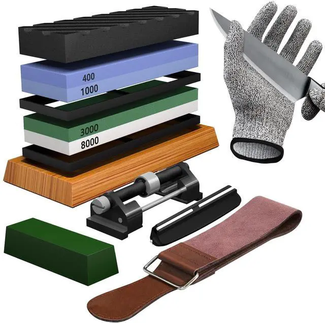 Main image of Whetstone Knife Sharpening Stone Set, Double-Sided Grit 400/1000 3000/8000 | Complete Knife Sharpener Stone Kit with Non-Slip Base, Angle Guide, Flatting Stone, Honing Guide, Leather Strop