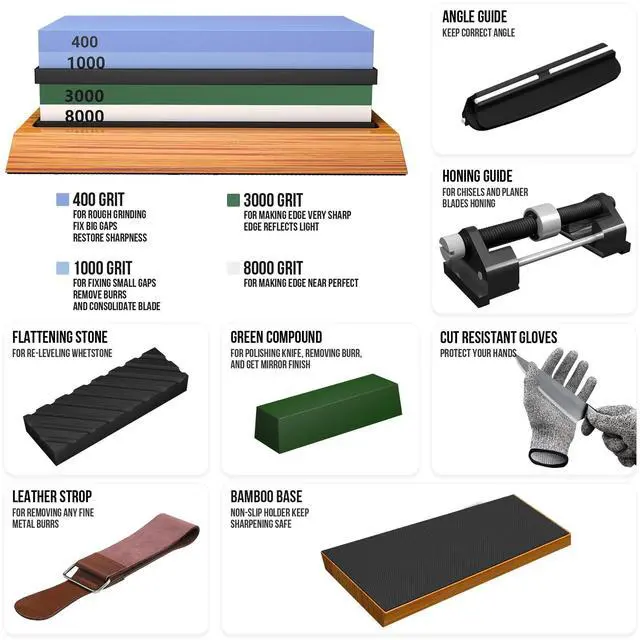 Alt view image 2 of 7 - Whetstone Knife Sharpening Stone Set, Double-Sided Grit 400/1000 3000/8000 | Complete Knife Sharpener Stone Kit with Non-Slip Base, Angle Guide, Flatting Stone, Honing Guide, Leather Strop