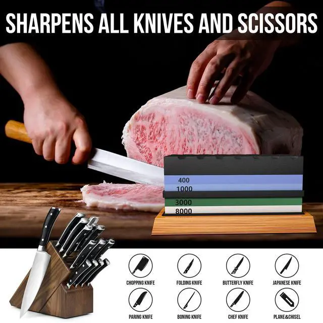 Alt view image 4 of 7 - Whetstone Knife Sharpening Stone Set, Double-Sided Grit 400/1000 3000/8000 | Complete Knife Sharpener Stone Kit with Non-Slip Base, Angle Guide, Flatting Stone, Honing Guide, Leather Strop