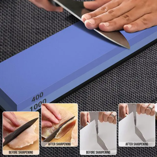 Alt view image 3 of 7 - Whetstone Knife Sharpening Stone Set, Double-Sided Grit 400/1000 3000/8000 | Complete Knife Sharpener Stone Kit with Non-Slip Base, Angle Guide, Flatting Stone, Honing Guide, Leather Strop