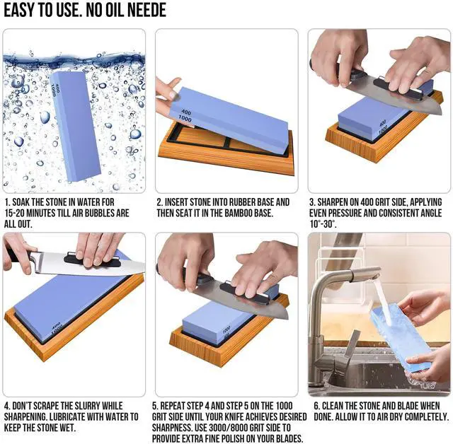 Alt view image 5 of 7 - Whetstone Knife Sharpening Stone Set, Double-Sided Grit 400/1000 3000/8000 | Complete Knife Sharpener Stone Kit with Non-Slip Base, Angle Guide, Flatting Stone, Honing Guide, Leather Strop