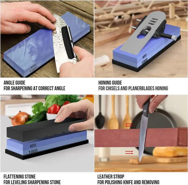 Alt view image 6 of 7 - Whetstone Knife Sharpening Stone Set, Double-Sided Grit 400/1000 3000/8000 | Complete Knife Sharpener Stone Kit with Non-Slip Base, Angle Guide, Flatting Stone, Honing Guide, Leather Strop