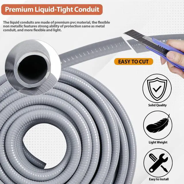 Alt view image 3 of 7 - Liquid-Tight Conduit Kit 1/2inch 25ft w/UL Certification | Flexible Non Metallic Liquid Tight Electrical Conduit, Electrical Conduit Kit with 5 Straight, 5 Angle Fittings