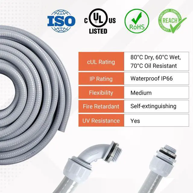 Alt view image 4 of 7 - Liquid-Tight Conduit Kit 1/2inch 25ft w/UL Certification | Flexible Non Metallic Liquid Tight Electrical Conduit, Electrical Conduit Kit with 5 Straight, 5 Angle Fittings