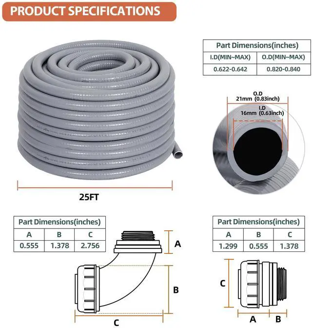 Alt view image 2 of 7 - Liquid-Tight Conduit Kit 1/2inch 25ft w/UL Certification | Flexible Non Metallic Liquid Tight Electrical Conduit, Electrical Conduit Kit with 5 Straight, 5 Angle Fittings