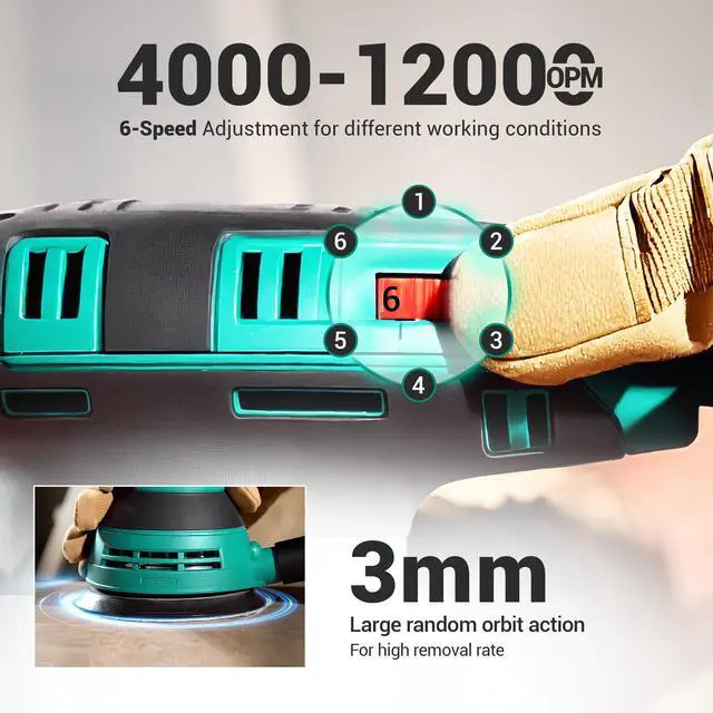 Alt view image 3 of 7 - Random Orbital Sander, 3.0 AMP Corded Palm Sander, 6 Speeds Max 12,000 OPM, 5-Inch with 10 pcs Sandpapers, Dust Bag, Low Vibration for Woodworking, Decoration Furniture (ASA125)