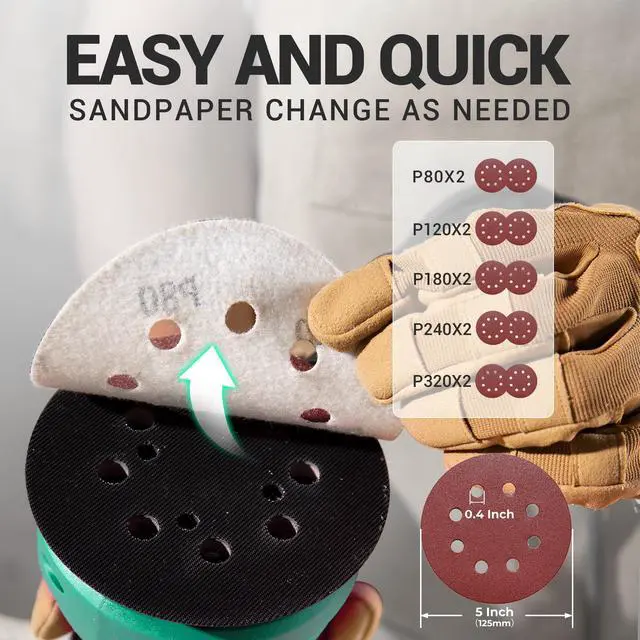 Alt view image 6 of 7 - Random Orbital Sander, 3.0 AMP Corded Palm Sander, 6 Speeds Max 12,000 OPM, 5-Inch with 10 pcs Sandpapers, Dust Bag, Low Vibration for Woodworking, Decoration Furniture (ASA125)