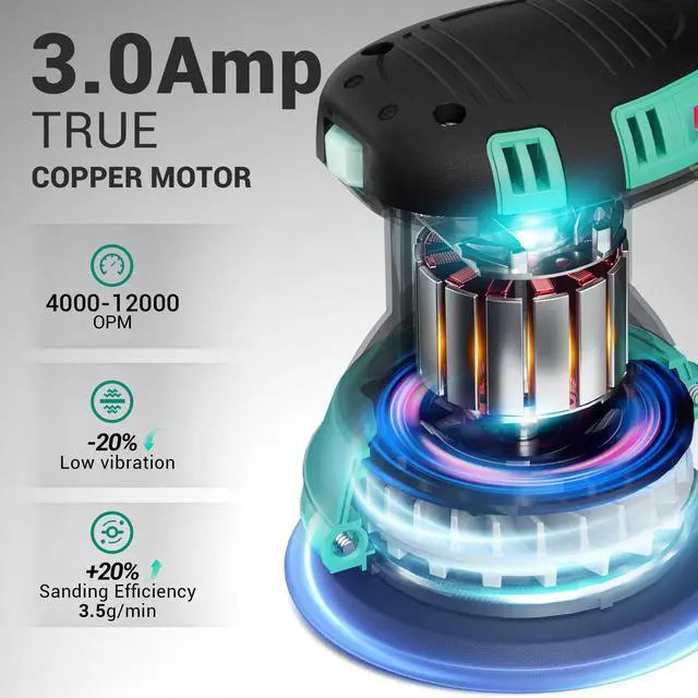 Alt view image 2 of 7 - Random Orbital Sander, 3.0 AMP Corded Palm Sander, 6 Speeds Max 12,000 OPM, 5-Inch with 10 pcs Sandpapers, Dust Bag, Low Vibration for Woodworking, Decoration Furniture (ASA125)