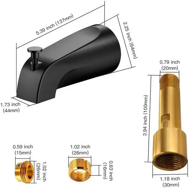 Alt view image 2 of 7 - Matte Black Bathtub Spout with Diverter, All Metal, Brass, 5.3 Inch Tub Spout, Fits 1/2" Copper Slip-On and 1/2" or 3/4" IPS Threaded Pipes, Leak-Free, Pull-Up Diverter