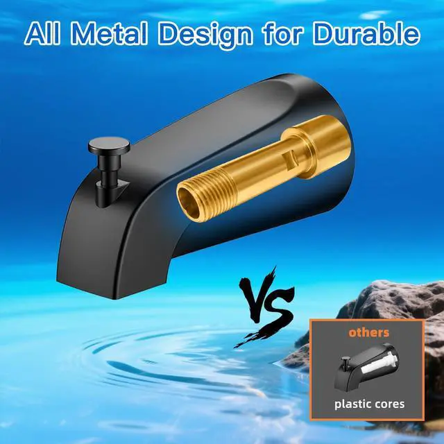 Alt view image 5 of 7 - Matte Black Bathtub Spout with Diverter, All Metal, Brass, 5.3 Inch Tub Spout, Fits 1/2" Copper Slip-On and 1/2" or 3/4" IPS Threaded Pipes, Leak-Free, Pull-Up Diverter
