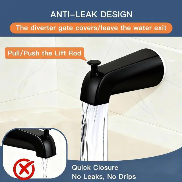 Alt view image 7 of 7 - Matte Black Bathtub Spout with Diverter, All Metal, Brass, 5.3 Inch Tub Spout, Fits 1/2" Copper Slip-On and 1/2" or 3/4" IPS Threaded Pipes, Leak-Free, Pull-Up Diverter