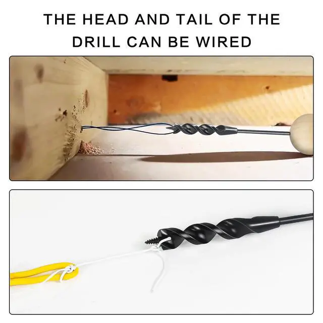 Alt view image 4 of 7 - Flexible Drill Bit for Wire Pulling,3/4 x 54 in. Flex Auger Drill Bit | Guide Ball Kit Included; Black Steel Shaft, Auger Head, Fish-Eye Hole & 3-Flat Shank for Pulling Wires in Walls and Studs