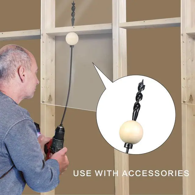 Alt view image 5 of 7 - Flexible Drill Bit for Wire Pulling,3/4 x 54 in. Flex Auger Drill Bit | Guide Ball Kit Included; Black Steel Shaft, Auger Head, Fish-Eye Hole & 3-Flat Shank for Pulling Wires in Walls and Studs