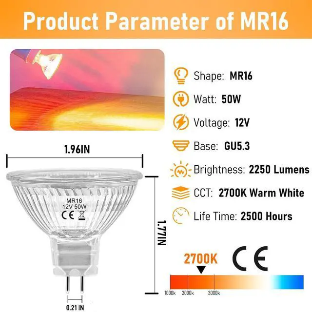 Alt view image 6 of 7 - MR16 Halogen Bulbs 50w 12V GU5.3, MR16 Halogen Light Bulbs 2 Pin, 12 Pack Dimmable Indoor Flood 50w Mr16 Small Light Bulb for Landscape/Track Light Bulbs 2700K Warm White