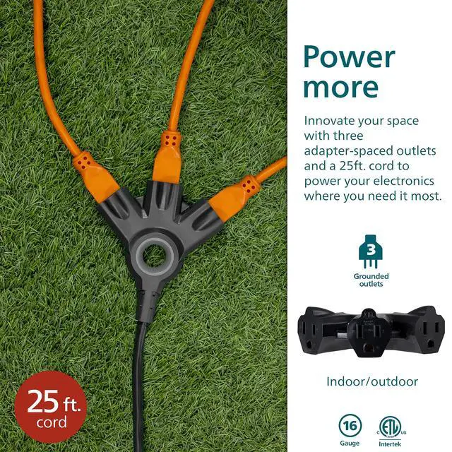 Alt view image 3 of 7 - EZGrip Outdoor Extension Cord with Multiple Outlets, Grounded 3 Prong Cord, Long Extension Cord Indoor with Multiple Outlets, Heavy Duty Extension Cord, 25 Ft, 16 AWG, Black, SPC3253ZB/37-T1