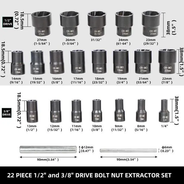Alt view image 2 of 6 - 22 Piece Bolt Nut Extractor Set 1/2" 3/8" Dr Lug Nut Extractor Set | Impact Lug Nut Remover Socket Tool, Wheel Lock Removal Kit for Extracting Damaged, Stripped Frozen Nut Screw Twist Socket Set