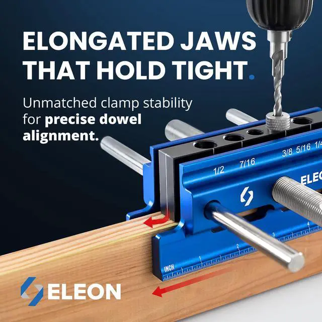 Alt view image 2 of 7 - Self Centering Dowel Jig with Elongated Jaws & Extra Wide Clamp up to 6.7" - Precision Woodworking Made Effortless - Lasting Craftsmanship - Aluminum Alloy Drill with Guide & 6pcs Drill Bushings
