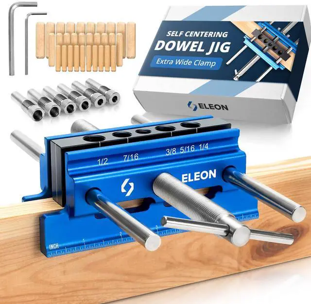 Main image of Self Centering Dowel Jig with Elongated Jaws & Extra Wide Clamp up to 6.7" - Precision Woodworking Made Effortless - Lasting Craftsmanship - Aluminum Alloy Drill with Guide & 6pcs Drill Bushings