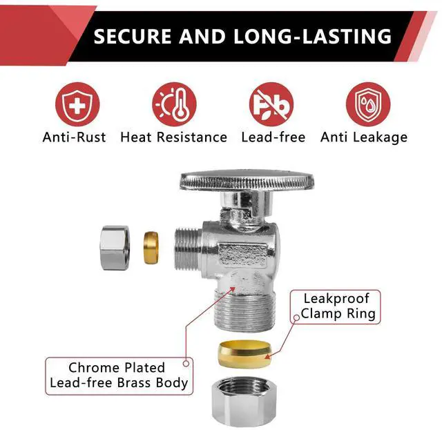 Alt view image 5 of 6 - 10PCS Angle Stop Valve 1/2" Nominal (5/8" OD) Compression x 3/8" OD | 1/4 Turn Water Shutoff Valve,Chrome Plated Brass,UPC Certified-VALVE119(10)