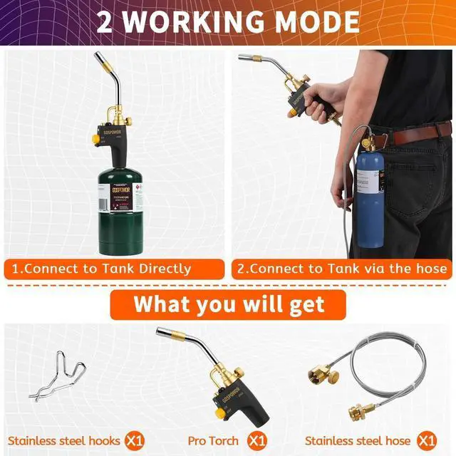 Alt view image 3 of 5 - High Intensity Propane Torch Head with Hose & Cylinder Clip, Gas Torch Head Fuel by Propane,MAPP, Blow Torch Welding Torch, Trigger Start torch lighter(Fuel Not Included)